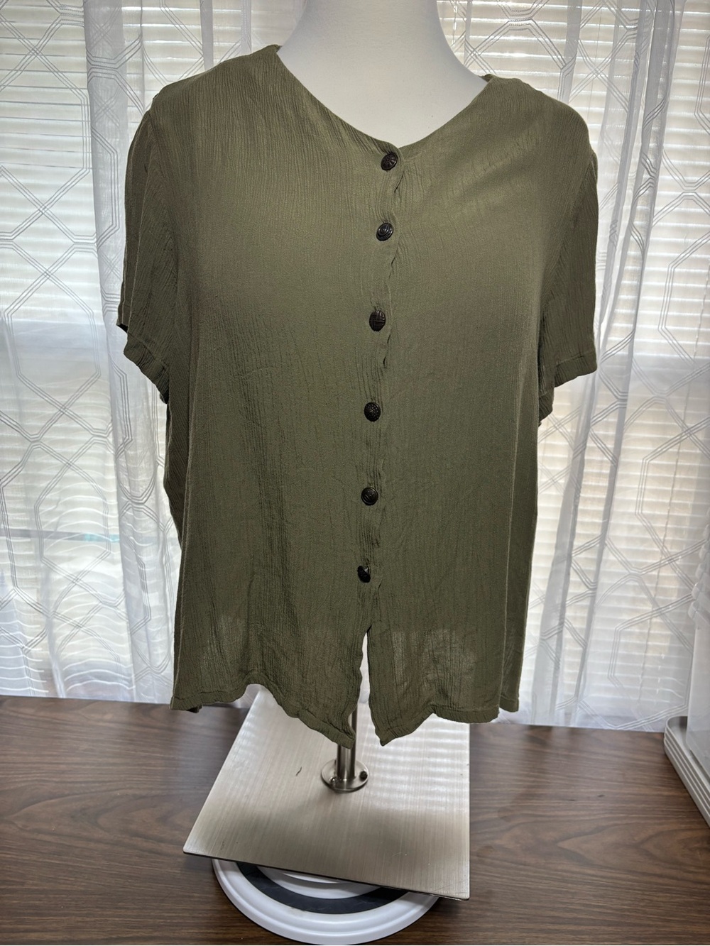 Sag Harbor 3X Olive Green Button-Front Top w/shoulder pads 28”p2p 28L